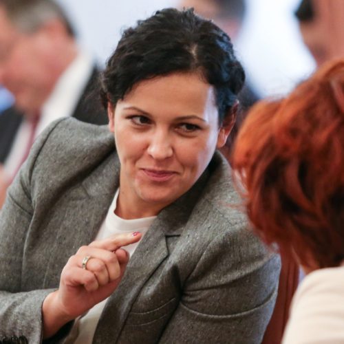 Klubobfrau Helena Kirchmayr im Landtagssitzungssaal im Gespräch mit einer Kollegin