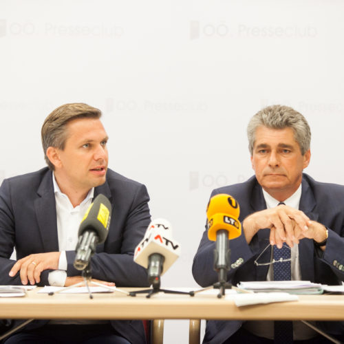 OÖVP-Landesgeschäftsführer Wolfgang Hattmannsdorfer und FPÖ-Klubobmann Herwig Mahr bei der Pressekonferenz